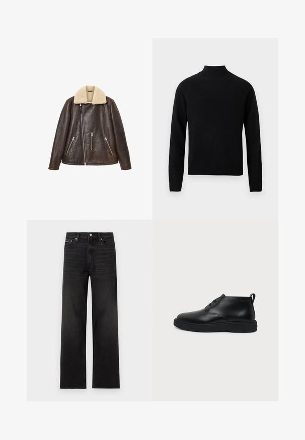 Chaqueta de cuero marrón oscuro con cuello de shearling color blanco roto y cremallera frontal asimétrica, con tres bolsillos con cremallera en la parte delantera.; Jersey de cuello alto negro con mangas largas, fabricado con un material de punto suave. Presenta un cuello y bajo acanalados para una silueta ajustada.; Jeans negros de pierna recta con diseño de cinco bolsillos, presillas para cinturón y cierre de botón, mostrados sobre un fondo blanco.; Zapato de cuero negro hasta el tobillo con cordones, suela gruesa de goma y lengüeta en el talón, mostrado en perfil lateral sobre un fondo liso.