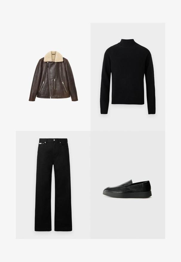 Mørkebrun læderjakke med off-white shearling-krave og asymmetrisk forlynlås, med tre lynlåslommer foran.; Sort rullekrave-trøje med lange ærmer, lavet af blødt strikket materiale. Har en ribbet krave og kant for en tætsiddende silhuet.; Sorte denimbukser med bred ben-design, der har fem lommer og metallisk knapdetalje. Glat tekstur, uden synlige mønstre.; Calvin Klein HYBRID CUP - Loafers - triple black