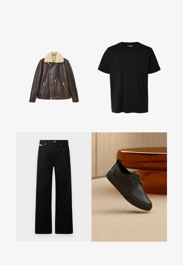 Chaqueta de cuero marrón oscuro con cuello de shearling color blanco roto y cremallera frontal asimétrica, con tres bolsillos con cremallera en la parte delantera.; Camiseta negra lisa de manga corta y cuello redondo con corte de hombre, sin patrones ni logotipos visibles en el delantero.; Pantalones de mezclilla negros con un diseño de pierna ancha, que cuentan con cinco bolsillos y herrajes de botón metálico. Textura suave, sin patrones visibles.; Zapatilla casual negra de cuero con cordones, flotando sobre una alfombra beige, con una mesa de cristal ámbar redondeada en el fondo.