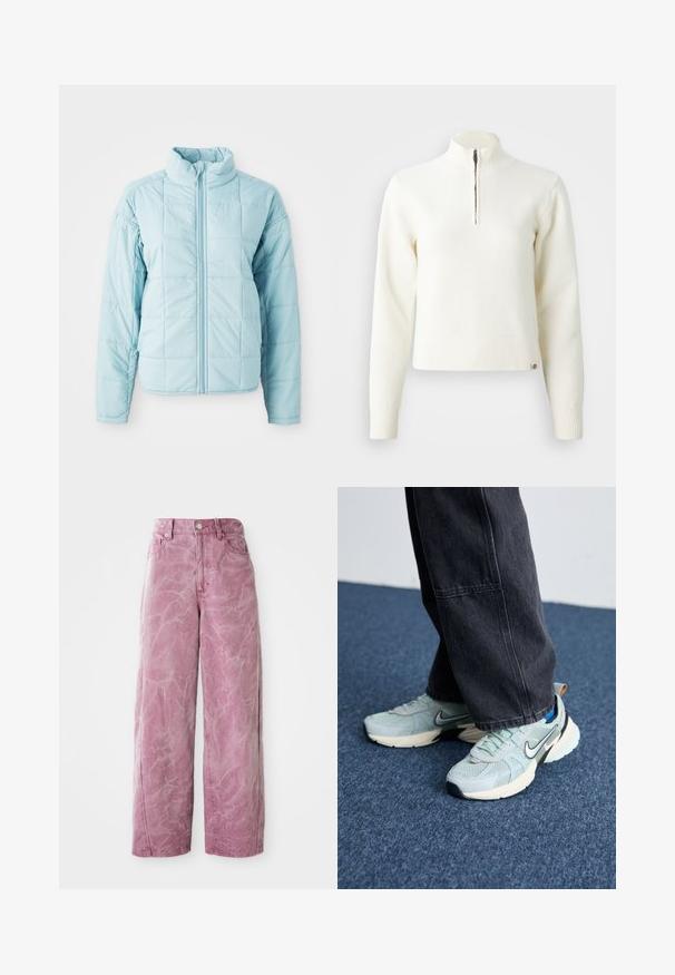 Lyseblå quiltet jakke med frontlynlås og høj krave, der har lange ærmer og kvadratisk stikningsmønster.; Hvid, sweater med lynlås ved halsen og lange ærmer. Lavet af et blødt strikmateriale, med ribbede manchetter og kant. Diskret mærke-logo ved kanten.; Rosa bredde ben jeans med høj talje, med en falmet, tekstureret finish, knaplukning og sidelommer.; Lyseblå mesh Nike sneakers med struktureret finish, sort swoosh og cremefarvet mellemsål, parret med mørkegrå vide bukser.