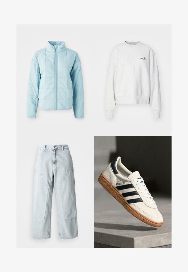Chaqueta acolchada azul claro con cremallera delantera y cuello alto, con mangas largas y un patrón de costura cuadrada.; Sudadera gris de cuello redondo en una tela suave con puños y dobladillo de punto; presenta un logo bordado en el pecho en amarillo y burdeos.; Pantalones de denim de tiro alto y pernera ancha en azul claro, con grandes bolsillos laterales y un ajuste holgado. Textura desgastada con un acabado desvanecido.; Zapatilla de ante blanca con franjas en azul marino, suela de goma, parte superior texturizada, puntera redonda y cordones; presenta una marca en el lateral y en la lengüeta.