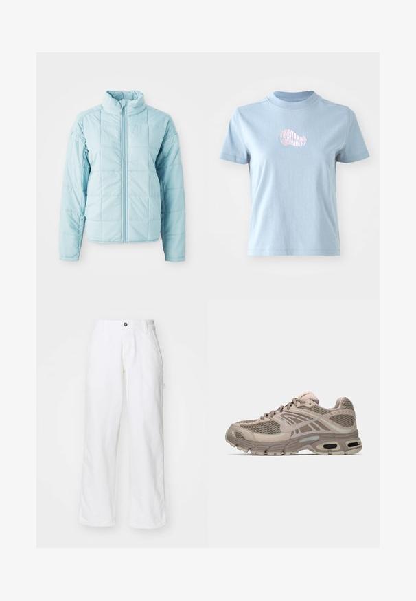 Lyseblå quiltet jakke med frontlynlås og høj krave, der har lange ærmer og kvadratisk stikningsmønster.; Lyseblå bomulds T-shirt med korte ærmer og høj halsudskæring, prydet med et lille pink broderet skaldesign på forsiden.; Hvide bomuldsbukser med lige ben-design, der har en knaplukning, sidelommer og en afslappet pasform. Glat tekstur.; Beige sportssko med mesh-overdel, formede detaljer, rund tå og synlig luftdækning i sålen. Snørebånd i neutral farve.