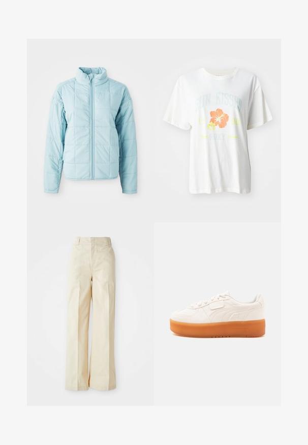 Lyseblå quiltet jakke med frontlynlås og høj krave, der har lange ærmer og kvadratisk stikningsmønster.; Hvid bomulds-t-shirt med et grafisk print af tropiske blomster i orange og gule nuancer samt tekst, der læser "SUN KISSED 1990 Roxy."; Beige vidde bukser med høj talje, fremstillet af et glat stof og med fint pressede forkantfolder, sat mod en ensfarvet hvid baggrund.; Hvid lavtop-sneaker med snøre- og velcrolukning, med en tyk lys brun sål og subtile sidesømme.