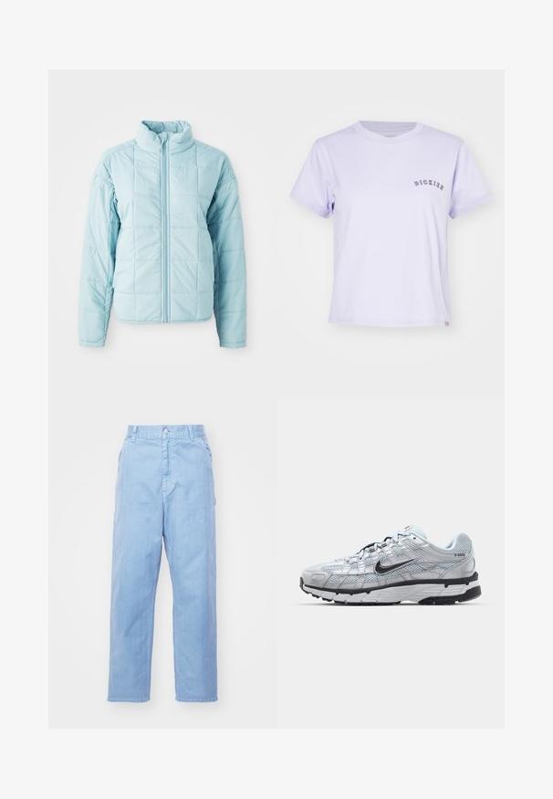 Lyseblå quiltet jakke med frontlynlås og høj krave, der har lange ærmer og kvadratisk stikningsmønster.; Lys lilla bomulds T-shirt med rund halsudskæring, korte ærmer, og ordet "DICKIES" broderet i mørk lilla på brystet.; Lyseblå denimbukser med lige ben-design, knaplukning og forlommer. Stof har en subtil tekstur med en glat finish.; Nike P-6000 sneakers med en lys grå mesh overdel, sorte accenter og en holdbar sort gummisål. Har et detaljeret design og snøresystem.