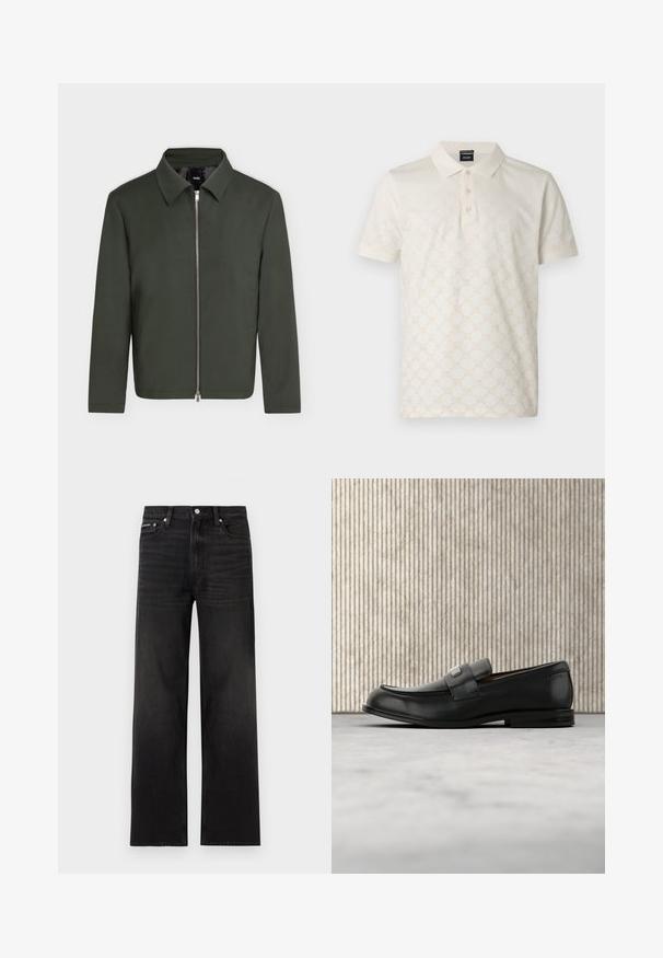 Veste vert foncé avec manches longues, un col et une fermeture éclair argentée centrale, présentée sur un fond clair uni.; Polo crème avec un motif géométrique texturé, patte à trois boutons et tissu en coton doux. Manches courtes, col standard.; Jean noir droit avec cinq poches, passants pour ceinture et fermeture par bouton, présenté sur un fond blanc.; Mocassin en cuir noir avec une plaque de marque en métal reposant près d'une table ronde marron sur un sol recouvert de moquette beige.
