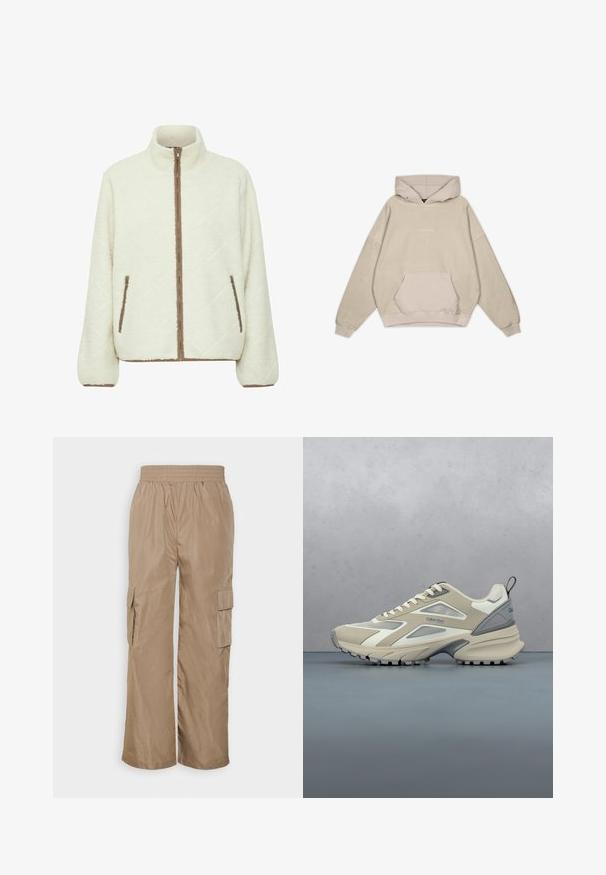 Veste en polaire couleur crème avec un col haut, fermeture éclair complète, motif matelassé en diagonale et accents de fermeture éclair marron sur les poches et les poignets.; Sweatshirt à capuche beige avec une coupe décontractée, poche kangourou, manches côtelées et texture lisse. Présente des détails de logo discrets à l'avant.; Even&Odd by Zalando Pantalon cargo - beige; Chaussure de sport beige et grise avec semelle texturée, lacets et logo Calvin Klein, posée au-dessus d'une surface pavée en bois et gravier en plein air.