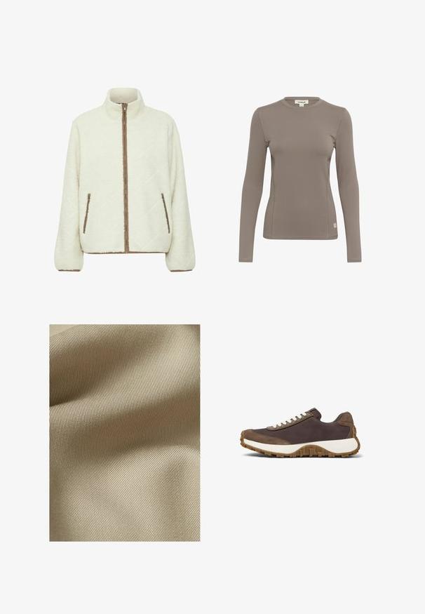 Veste en polaire couleur crème avec un col haut, fermeture éclair complète, motif matelassé en diagonale et accents de fermeture éclair marron sur les poches et les poignets.; T-shirt à manches longues en brun clair, fabriqué à partir d'un tissu extensible. Il présente un col rond et des coutures plates, avec une petite étiquette logo en bas à gauche.; Tissu beige texturé avec un motif fin et côtelé. Le matériau semble lisse avec un léger éclat, tombant doucement en plis.; Baskets marron avec des lacets blancs, présentant une tige texturée et une semelle en caoutchouc robuste, affichées sur un fond blanc.