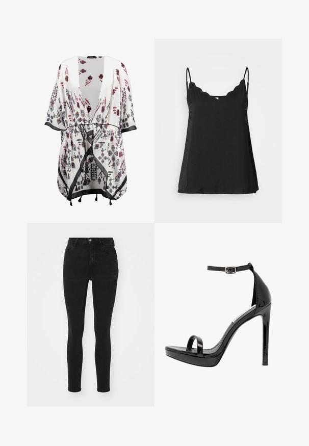 Weißes Kimono mit floralen Mustern in Schwarz, Rot und Blau, mit offener Vorderseite, weiten Ärmeln und schwarzem Saum mit Quastenakzenten.; Schwarzes, gewelltes Cami-Top mit dünnen Trägern, weichem Material und lockerer Passform. Hat einen leicht geschwungenen Ausschnitt und ein schlichtes Design.; Schwarze Skinny-Jeans aus Denim mit hoher Taille, ausgestattet mit fünf Taschen, einem Reißverschluss vorn und einem Metallknopf. Glatte Textur mit leichtem Stretch.; Steve Madden MILANO - High Heel Sandalette - black
