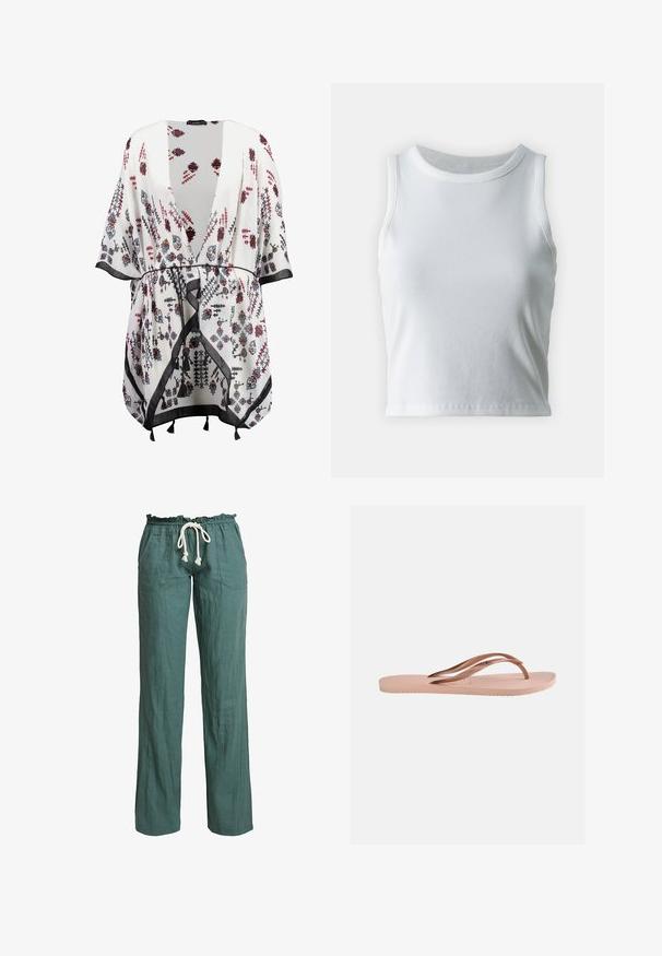 Kimono blanc avec des motifs floraux en noir, rouge et bleu, présentant une ouverture à l'avant, des manches larges et une bordure noire avec des accents de franges.; Débardeur blanc côtelé avec un décolleté rond et sans manches, présentant un ourlet droit et une texture lisse et extensible.; Pantalons en lin léger et vert avec une coupe décontractée, une taille élastique et un cordon de serrage, comportant deux poches latérales.; Une seule sandale tongs rose clair avec semelle texturée et brides en forme de Y en or rose métallique sur un fond uni.