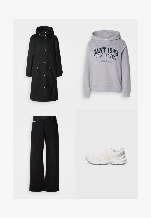 Schwarzer wasserdichter Mantel mit Kapuze, goldenen Druckknöpfen, zwei Fronttaschen und einem leicht strukturierten Stoff für Wärme und Langlebigkeit.; Hellgrauer Hoodie mit vorderem Text "GANT 1949 NEW HAVEN" und kleinerem Druck "American Sportswear" darunter, mit langen Ärmeln und Kapuze.; Schwarze weite Jeans aus Baumwolle. Verfügt über frontale Taschen, einen Knopfverschluss und eine klassische Denim-Textur. Minimalistisches Design ohne Muster.; Weißer Sportschuh aus Netzmaterial, mit hellorange und grauen Akzenten, einer strukturierten Sohle und einem gepolsterten Kragen für Komfort.