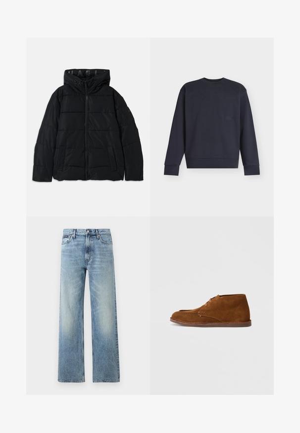 Veste matelassée noire avec capuche, dotée d'une fermeture zippée, d'un motif cousu et de poches latérales. Fabriquée en matériau léger et résistant à l'eau.; Sweat-shirt noir à manches longues avec col rond, poignets et ourlet côtelés, comportant un patch rectangulaire discret sur la poitrine.; Jean droit en denim bleu clair avec taille haute, cinq poches, fermeture à boutons et léger délavage sur les cuisses et les genoux.; Bottines en daim marron avec un bout arrondi, des lacets marron et des détails de couture contrastés le long de la semelle et de la tige.
