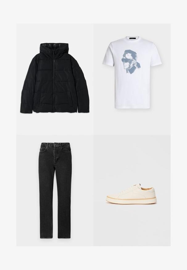 Sort puffjakke med hætte, der har lynlåslukning, quiltet mønster og sidelommer. Lavet af letvægts, vandafvisende materiale.; Hvid T-shirt med korte ærmer med et geometrisk gråt portræt af en person med solbriller centreret foran.; Sorte lige ben jeans lavet af denim, med høj talje, fem-lomme design og et rent, minimalistisk look uden udsmykninger.; Hvide lædersneakers med rund tå, enkel snørelukning, polstret indersål og en kontrasterende tan gummisål. Glat tekstur hele vejen igennem.
