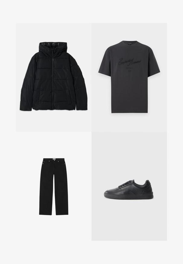 Veste matelassée noire avec capuche, dotée d'une fermeture zippée, d'un motif cousu et de poches latérales. Fabriquée en matériau léger et résistant à l'eau.; T-shirt noir à manches courtes avec texte brodé "Emporio Armani District 1981" sur la poitrine, affiché sur fond blanc.; Jeans en denim noir avec une coupe droite, design à cinq poches et quincaillerie en ton argenté. Présente un tissu texturé et un style minimaliste.; Chaussure de sport en cuir noir avec une finition lisse, bout arrondi, panneau latéral texturé et lacets noirs. Présente une semelle en caoutchouc plate et un design minimaliste.