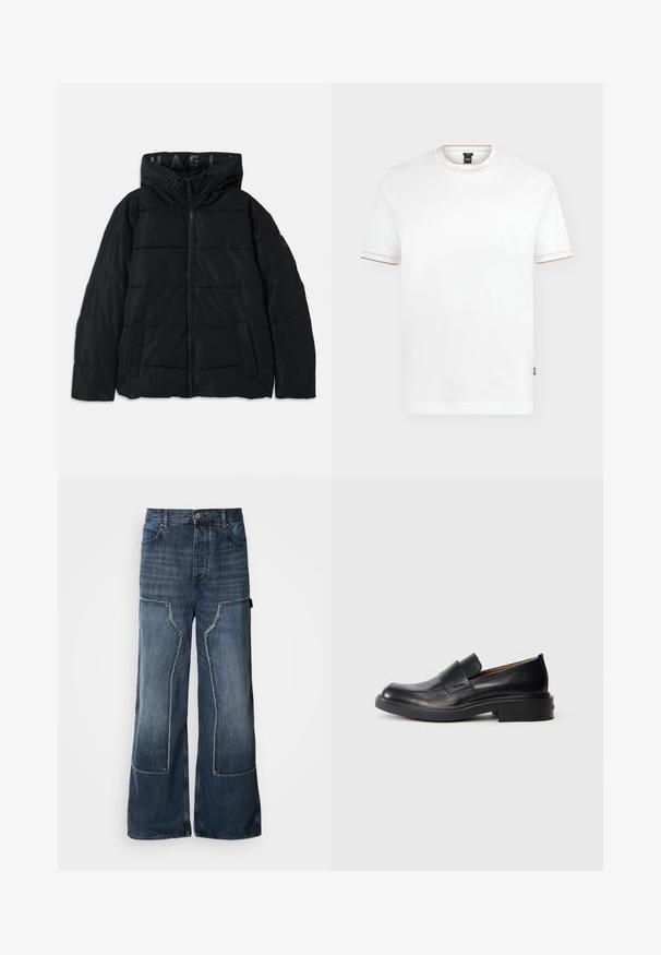 Veste matelassée noire avec capuche, dotée d'une fermeture zippée, d'un motif cousu et de poches latérales. Fabriquée en matériau léger et résistant à l'eau.; T-shirt blanc manches courtes à col rond avec une bordure beige subtile sur le col et les manches, et une petite étiquette noire de la marque sur le côté inférieur.; Pantalons en denim bleu ample avec des jambes larges, présentant des détails en patchwork, des coutures contrastées, de grandes poches latérales et une fermeture à bouton.; Chaussure habillée noire en cuir, à enfiler, avec un petit talon et un logo Calvin Klein discret sur le côté, présentée de profil sur un fond blanc.
