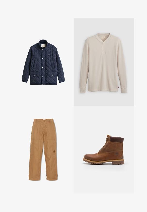 Marineblauwe gewatteerde jas met een hoge kraag, drukknopen en twee voorzakken. Heeft een klein logo op de borst. Soepele textuur.; Lange mouwen henley-shirt in lichtbeige ribbelstof, met een V-hals, een drieknoopsluiting en manchetten. Rode logo-label aan de onderkant.; Khaki werkbroek, gemaakt van duurzaam materiaal, heeft meerdere zakken, een knoopsluiting en een geborduurd logo op de dij.; Bruine leren wandelschoen met een gladde afwerking, gevoerde enkel, metalen oogjes en een rubberen zool met een robuust profiel.