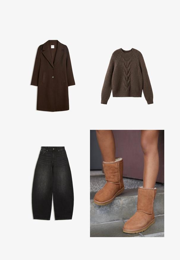 Long manteau en laine marron foncé avec de larges revers, deux poches avant et deux boutons au centre devant.; Pull en tricot marron avec un col rond, des manches longues et un motif en torsades sur le devant. Ourlets et poignets côtelés.; Jean en denim noir taille haute avec jambes larges, fermeture devant par boutons et zip, et deux poches avant avec rivets.; Bottines en suede marron, à bout rond, avec une doublure douce et une semelle en caoutchouc, présentant des détails de couture visibles le long des coutures.