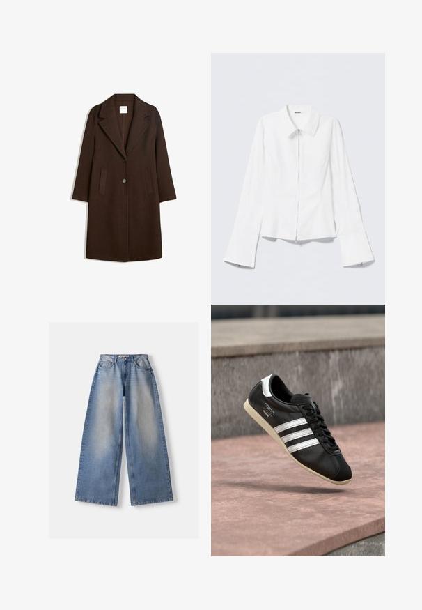 Long manteau en laine marron foncé avec de larges revers, deux poches avant et deux boutons au centre devant.; Chemise blanche à manches longues avec un col à revers et une fermeture éclair sur le devant. Elle présente des poignets évasés et une texture lisse en mélange de coton.; Jean bleu clair à jambes larges avec un devant délavé, style cinq poches, fermeture par bouton et fermeture éclair, posé à plat sur fond blanc.; Baskets en cuir noir avec des rayures blanches et une semelle blanche, lacées, flottant au-dessus d'une surface en béton rosée avec un mur en pierre grise en arrière-plan.