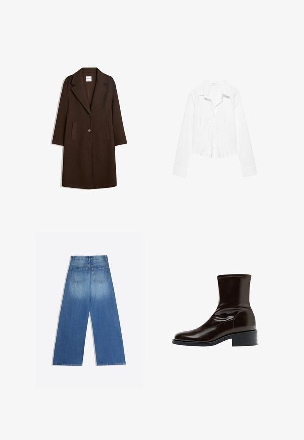 Long manteau en laine marron foncé avec de larges revers, deux poches avant et deux boutons au centre devant.; Chemise blanche à manches longues avec col, taille légèrement cintrée et poignets boutonnés, présentée sur fond blanc.; Jean denim bleu à jambes larges, vu de dos avec deux poches arrière et des passants de ceinture à la taille.; Bottine en cuir marron foncé avec bout carré, petit talon bloc et détail surpiqué autour du bord supérieur, vue de profil.