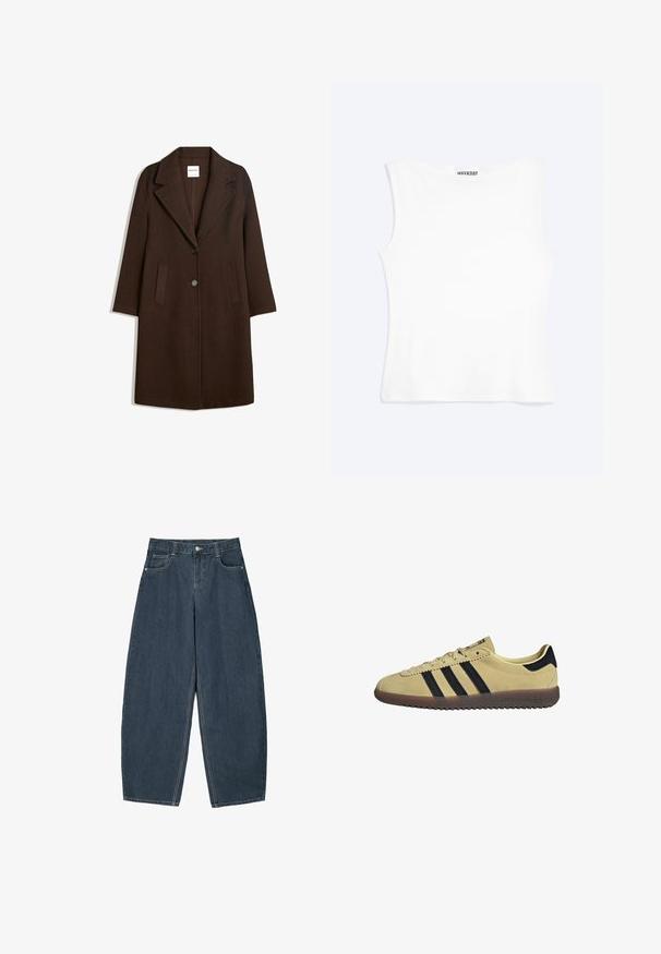 Long manteau en laine marron foncé avec de larges revers, deux poches avant et deux boutons au centre devant.; Débardeur blanc ajusté sans manches avec un col rond et un design minimaliste, étiqueté "WEEKDAY" à l'intérieur du col.; Jeans en denim bleu foncé à jambes larges avec une taille haute, dotés de cinq poches et de détails de couture visibles. Design épuré et minimal.; Baskets en daim beige avec des bandes noires, languette de talon noire, lacets beiges et semelle en caoutchouc marron, vue de côté sur fond blanc.