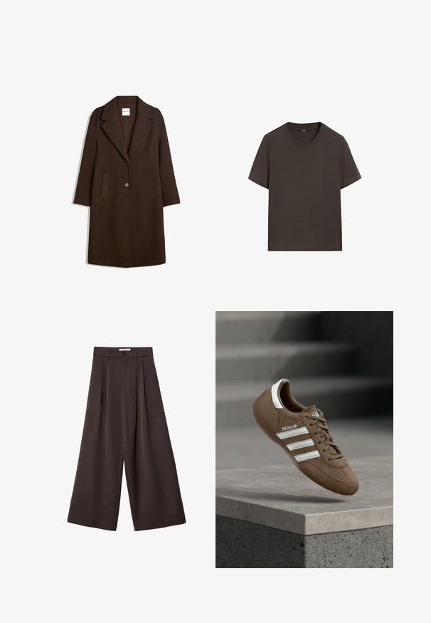 Manteau en mélange de laine marron avec un col cranté, deux poches avant et une fermeture à un bouton. Coupe droite avec manches longues.; T-shirt à manches courtes marron foncé en coton. Il possède un col rond et une coupe décontractée, sans motifs ni accents visibles.; Pantalon à jambes larges en tissu brun foncé, avec des plis, une fermeture par bouton, et une texture lisse ; longueur cheville avec une coupe ajustée.; Baskets Adidas Spezial en daim marron avec des bandes blanches et des lacets, flottant au-dessus d'un rebord en béton gris sur un fond d'escaliers flous.