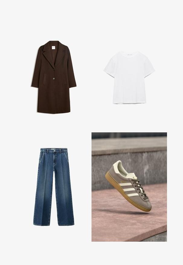 Long manteau en laine marron foncé avec de larges revers, deux poches avant et deux boutons au centre devant.; T-shirt blanc uni à manches courtes et col rond, avec un ourlet droit, présenté sur un fond blanc.; Jean denim bleu à jambes larges avec une taille haute, doté de poches avant, d'une fermeture à boutons et d'un léger effet délavé sur le tissu.; Baskets Adidas en suède marron clair avec des rayures blanches et une semelle gomme, suspendues au-dessus de marches en pierre rose en plein air.