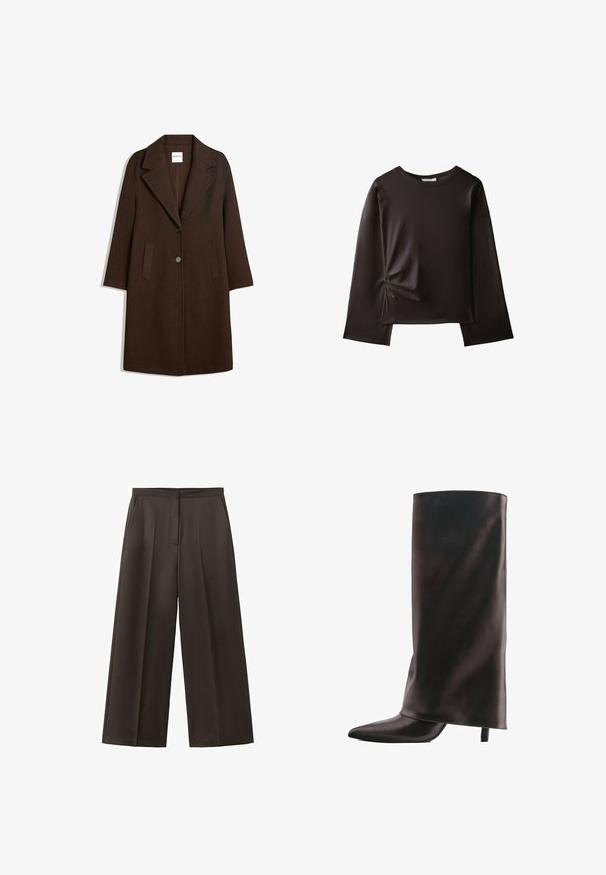 Long manteau en laine marron foncé avec de larges revers, deux poches avant et deux boutons au centre devant.; Chemise noire à manches longues avec un col rond et un petit détail froncé sur le côté gauche près de la taille.; Pantalon noir à jambes larges avec taille haute, plis avant et poches latérales, conçu pour une tenue formelle ou professionnelle.; Botte haute noire en cuir avec un bout pointu et un talon fin de hauteur moyenne sur fond blanc.