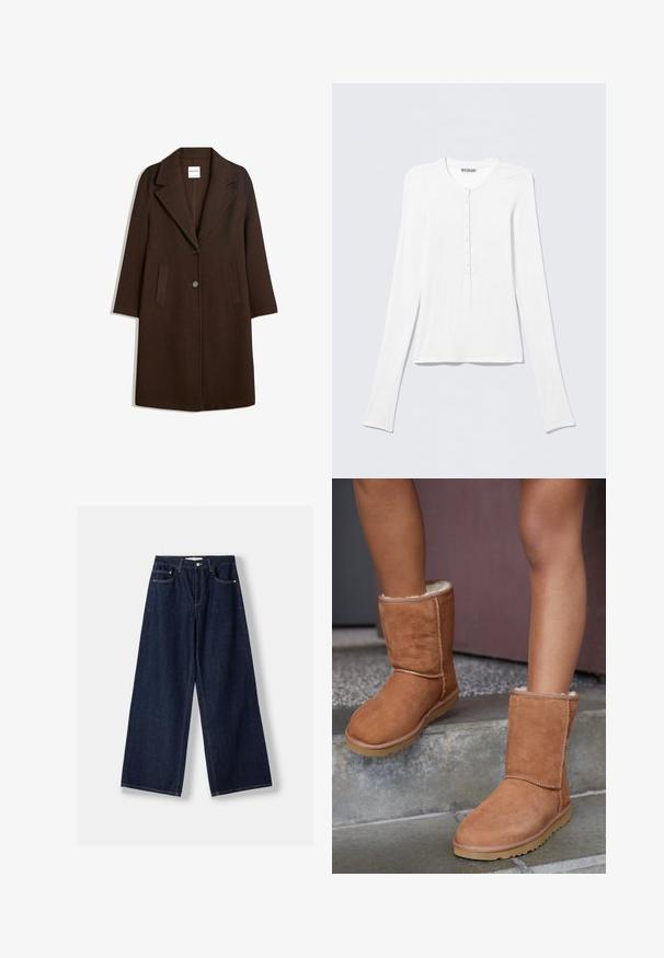 Manteau en mélange de laine marron avec un col cranté, deux poches avant et une fermeture à un bouton. Coupe droite avec manches longues.; Chemise Henley blanche à manches longues avec col rond et une rangée verticale de petits boutons au centre devant.; Jean en denim bleu foncé à jambes larges avec fermeture avant par bouton et zip, poches avant et passants pour ceinture, posé à plat sur un fond blanc.; Bottines en suede marron, à bout rond, avec une doublure douce et une semelle en caoutchouc, présentant des détails de couture visibles le long des coutures.