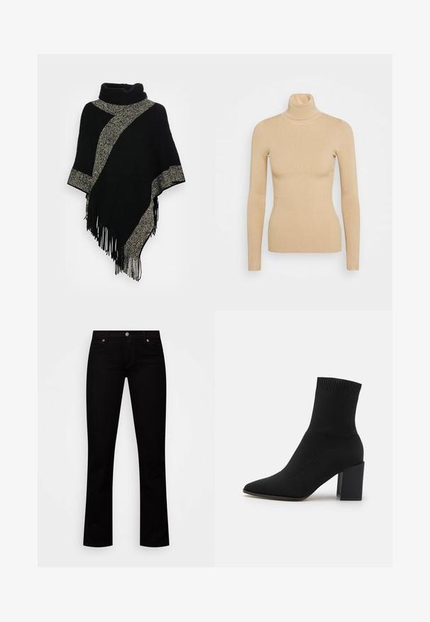 Schwarzer Poncho mit hohem Kragen, ausgestattet mit einem diagonalen, hellgrauen, gewebten Streifen und fransigen Kanten. Hergestellt aus weichem, strukturiertem Stoff.; Beige Rippstrick-Turtleneck-Pullover mit langen Ärmeln, der eine taillierte Silhouette und eine glatte Textur aufweist. Keine sichtbaren Beschläge oder Muster.; Schwarze Jeans mit geradem Bein, Fronttaschen, Gürtelschlaufen und einem Knopfverschluss auf weißem Hintergrund.; Schwarze Knöchelliefe aus Stretchstoff, mit spitzem Zehenbereich und blockförmigem Absatz, mit gerilltem Besatz am oberen Rand.