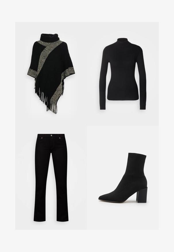 Sort poncho med høj hals, der har en diagonal lys grå vævet stribe og frynser i kanten. Lavet af blødt, tekstureret stof.; Sort turtleneck sweater lavet af let strikket stof. Har lange ærmer, et tætsiddende design og en blød ribbet tekstur.; Sorte jeans lavet af denim med en slim fit, fem-lomme design, knaplukning og subtile kobberdetaljer på nitterne.; Sort ankelstøvle lavet af strækstof, med spids tå og firkantet blokhæl, og med ribbet kant øverst.