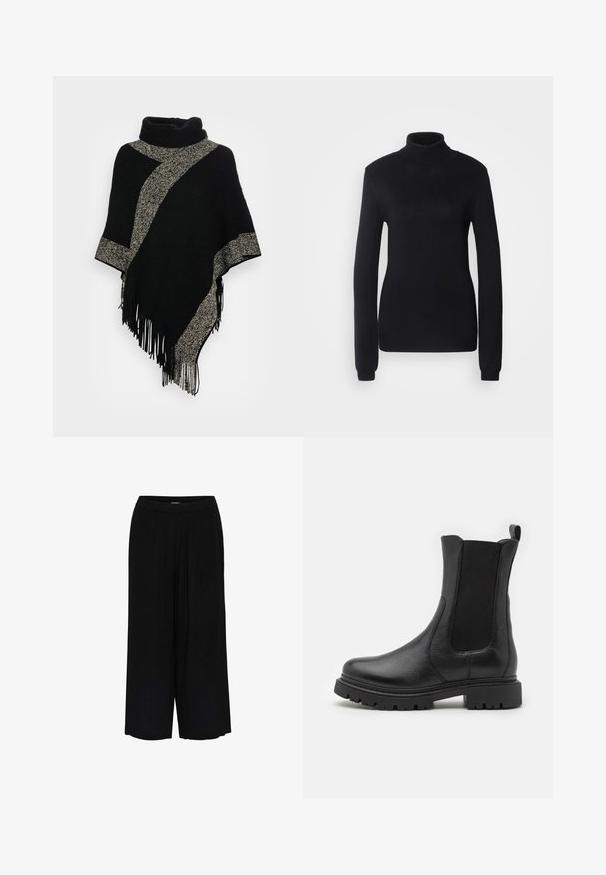Zwarte poncho met een hoge halslijn, voorzien van een diagonale lichtgrijze geweven streep en franjes aan de randen. Gemaakt van zachte, gestructureerde stof.; Zwarte coltrui van een zachte brei-stof, met lange mouwen en een aansluitende pasvorm, voorzien van een geribbelde kraag en zoom.; Zwarte broek met wijde pijpen, een elastische tailleband en subtiele plooien aan de voorkant.; Zwarte leren enkellaarsjes met elastische zijkanten, een ronde neus en een robuuste zool met uitgesproken profielgroeven.