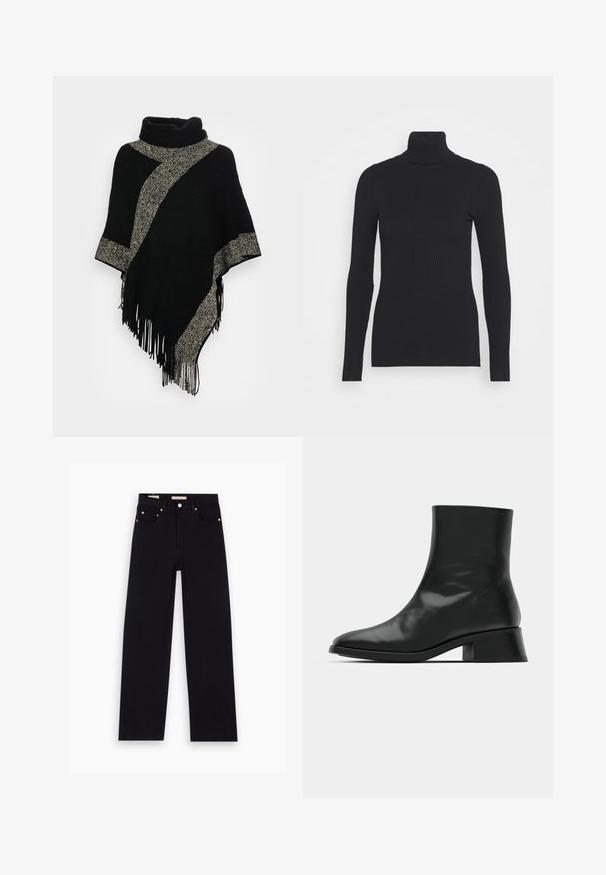 Schwarzer Poncho mit hohem Kragen, ausgestattet mit einem diagonalen, hellgrauen, gewebten Streifen und fransigen Kanten. Hergestellt aus weichem, strukturiertem Stoff.; Schwarzer gerippter Rollkragenpullover, der lange Ärmel und eine figurbetonte Silhouette bietet. Die Textur ist glatt mit einem horizontalen Rippenmuster.; Schwarze Denim-Jeans mit geradem Schnitt, fünf Taschen, Kupferbeschlägen und einer glatten Textur. Zwei Etiketten sind am Bund sichtbar.; Schwarze Ankle Boots aus glänzendem Leder, mit einem eleganten Design, spitzer Zehenpartie und einem moderaten Blockabsatz für Stabilität.