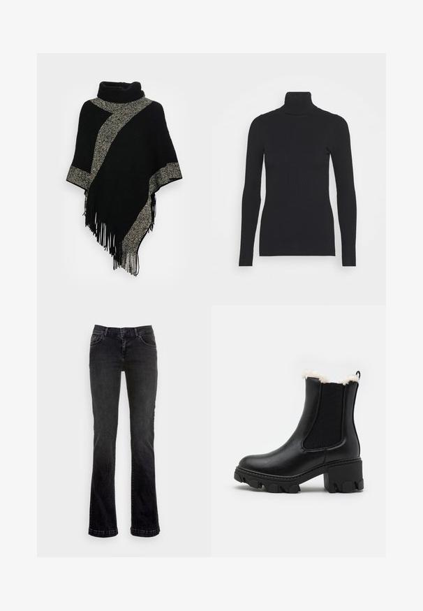 Poncho negro con un cuello alto, que presenta una franja tejida diagonal en gris claro y bordes con flecos. Elaborado con una tela suave y texturizada.; Suéter ajustado de canalé negro con cuello alto, que presenta mangas largas y una silueta ceñida. La textura es suave con un patrón de canalé horizontal.; Jeans de mezclilla negra acampanados con un diseño clásico de cinco bolsillos, que cuentan con un cierre de botón y cremallera, y detalles de costura sutiles.; Botín negro de piel con un tacón grueso, paneles laterales elásticos y un borde de piel sintética en la parte superior. Suela de goma texturizada.