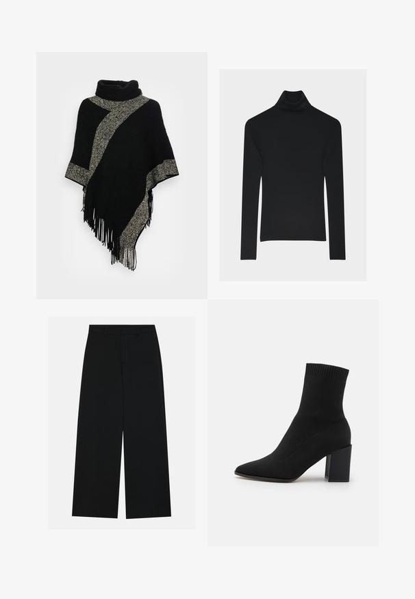 Sort poncho med høj hals, der har en diagonal lys grå vævet stribe og frynser i kanten. Lavet af blødt, tekstureret stof.; Sort langærmet ribstrikket polo med tætsiddende pasform og et subtilt broderet logo nær kraven.; Breddebenede sorte bukser lavet af et glat stof. Har en flad talje med bæltestropper og ingen synlige lommer. Simpelt design.; Sort ankelstøvle lavet af strækstof, med spids tå og firkantet blokhæl, og med ribbet kant øverst.