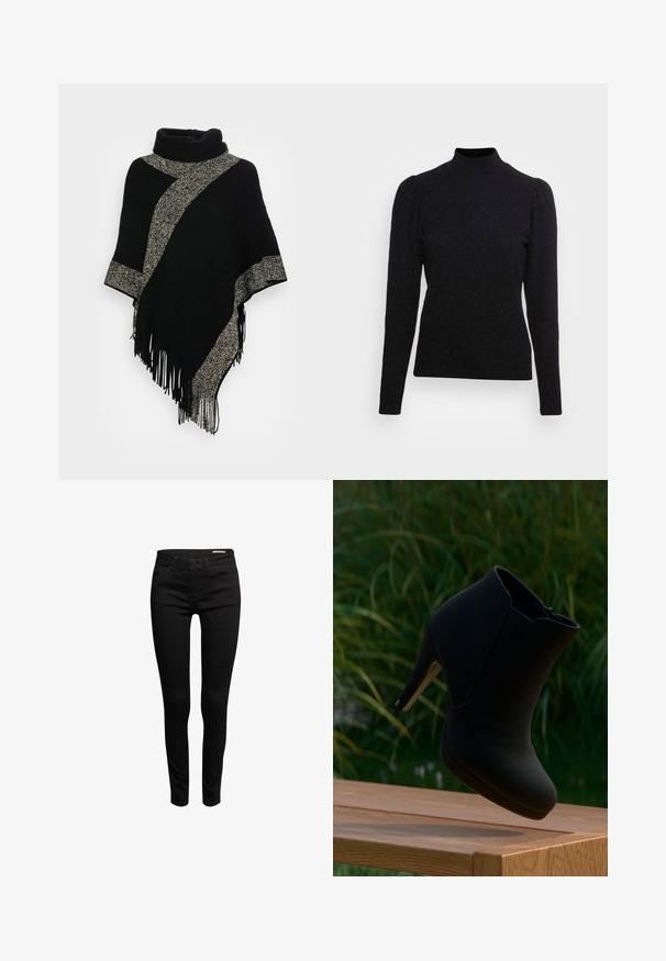 Sort poncho med høj hals, der har en diagonal lys grå vævet stribe og frynser i kanten. Lavet af blødt, tekstureret stof.; Sort langærmet bluse i tekstureret stof med høj hals og puffede skuldre, der har subtile metalliske tråde for en let glans.; Esprit SUS MR SKINNY - Jeans Skinny Fit - black rinse; Sort ankelstøvle med høj hæl, der har en glat tekstur og lynlås på siden, præsenteret på en træoverflade med grøn baggrund.