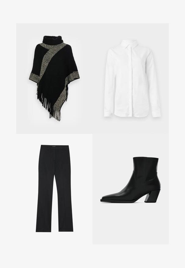 Schwarzer Poncho mit hohem Kragen, ausgestattet mit einem diagonalen, hellgrauen, gewebten Streifen und fransigen Kanten. Hergestellt aus weichem, strukturiertem Stoff.; Weißes Langarmhemd aus glattem Baumwollstoff. Verfügt über einen klassischen Kragen und eine durchgehende Knopfleiste mit geradem Saum und ohne Muster.; Schwarze Hose mit geradem Schnitt, glatter Stoff und ohne sichtbare Muster. Entworfen mit klassischen Fronttaschen und einem Reißverschluss.; Schwarze Leder-Stiefelette mit spitzem Zeh, schlanker Silhouette und klobigem quadratischem Absatz. Glatte Textur mit minimalen Nähdetails.
