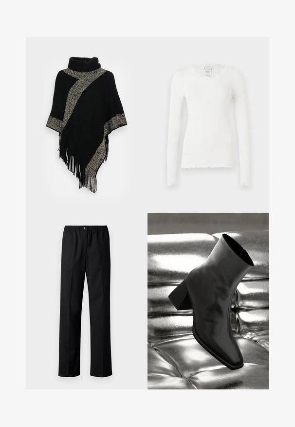 Schwarzer Poncho mit hohem Kragen, ausgestattet mit einem diagonalen, hellgrauen, gewebten Streifen und fransigen Kanten. Hergestellt aus weichem, strukturiertem Stoff.; Weißes langärmliges Oberteil mit geripptem Design und gewelltem Spitzenbesatz am Ausschnitt und an den Bündchen, taillierte Silhouette und runder Halsauschnitt.; Schwarze Hose mit geradem Bein, elastischem Bund und Knopfverschluss. Hergestellt aus gewebtem Stoff mit glatter Textur.; Schwarzer Knöchelstiefel aus glänzendem Material mit quadratischer Zehenform und verjüngtem Absatz, vor einem glänzenden silbernen gepolsterten Hintergrund.