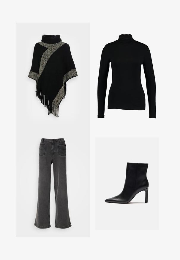 Zwarte poncho met een hoge halslijn, voorzien van een diagonale lichtgrijze geweven streep en franjes aan de randen. Gemaakt van zachte, gestructureerde stof.; Zwart lange mouw turtleneck top van gladde stof, met een aansluitend ontwerp en hoge hals, geschikt voor layering of als standalone kleding.; Hoge taille, wijd-uitlopende zwarte jeans gemaakt van denim, met een knoopsluiting, riemlussen en twee achterzakken met gestikte accenten.; Zign Enkellaarsjes met hoge hak - black