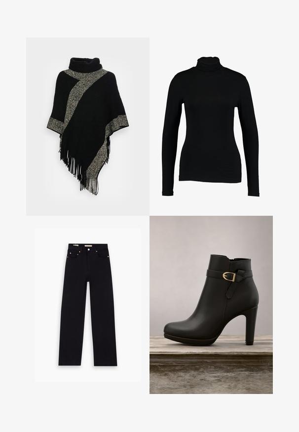 Schwarzer Poncho mit hohem Kragen, ausgestattet mit einem diagonalen, hellgrauen, gewebten Streifen und fransigen Kanten. Hergestellt aus weichem, strukturiertem Stoff.; Schwarzes Langarm-Turtleneck-Top aus glattem Stoff, mit taillierter Passform und hohem Kragen, geeignet zum Layering oder als eigenständiges Kleidungsstück.; Schwarze Denim-Jeans mit geradem Schnitt, fünf Taschen, Kupferbeschlägen und einer glatten Textur. Zwei Etiketten sind am Bund sichtbar.; Schwarze Lederstiefelette mit runder Zehenform und goldenen Hardware-Akzenten, ausgestattet mit einem Riemen um den Knöchel. Vor einem Holzuntergrund platziert.