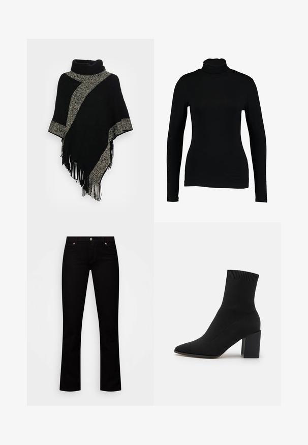 Zwarte poncho met een hoge halslijn, voorzien van een diagonale lichtgrijze geweven streep en franjes aan de randen. Gemaakt van zachte, gestructureerde stof.; Zwart lange mouw turtleneck top van gladde stof, met een aansluitend ontwerp en hoge hals, geschikt voor layering of als standalone kleding.; Zwarte jeans met rechte pijpen, voorzakken, riemlussen en een knoopsluiting op een witte achtergrond.; Zwarte enkellaars gemaakt van rekbaar stof, met een spitse neus en een vierkante blokhak, afgewerkt met ribbelrand aan de bovenkant.