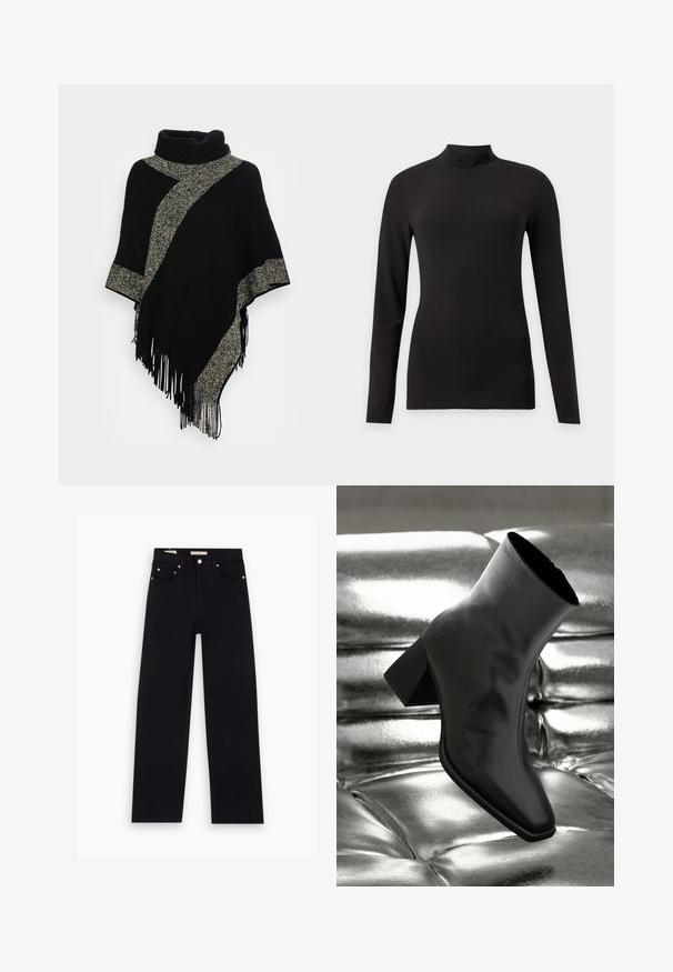 Zwarte poncho met een hoge halslijn, voorzien van een diagonale lichtgrijze geweven streep en franjes aan de randen. Gemaakt van zachte, gestructureerde stof.; Zwarte aansluitende top met lange mouwen en een opstaande kraag, getoond op een effen lichtgrijze achtergrond.; Zwarte denim jeans met een recht model, vijf zakken, koperen hardware en een gladde textuur. Twee labels zichtbaar op de tailleband.; Zwarte enkellaarsjes van glanzend materiaal met een vierkante neus en taps toelopende hak, afgezet tegen een glanzende zilveren gecapitonneerde achtergrond.