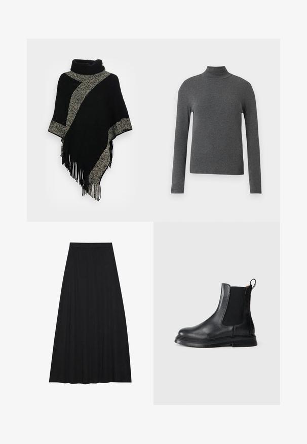 Sort poncho med høj hals, der har en diagonal lys grå vævet stribe og frynser i kanten. Lavet af blødt, tekstureret stof.; Grå turtleneck langærmet top lavet af ribbet strikket stof med en tætsiddende design og høj krave. Glat tekstur, minimalistisk stil.; Sort maxi nederdel lavet af blødt, flydende stof. Den har en elastisk talje og en fuld A-linje silhuet med en glat tekstur.; Sorte læder Chelsea-støvler med elastiske sidepaneler, rund tå og en tekstureret sort gummisål. Har en løftestrop for nem påtagning.