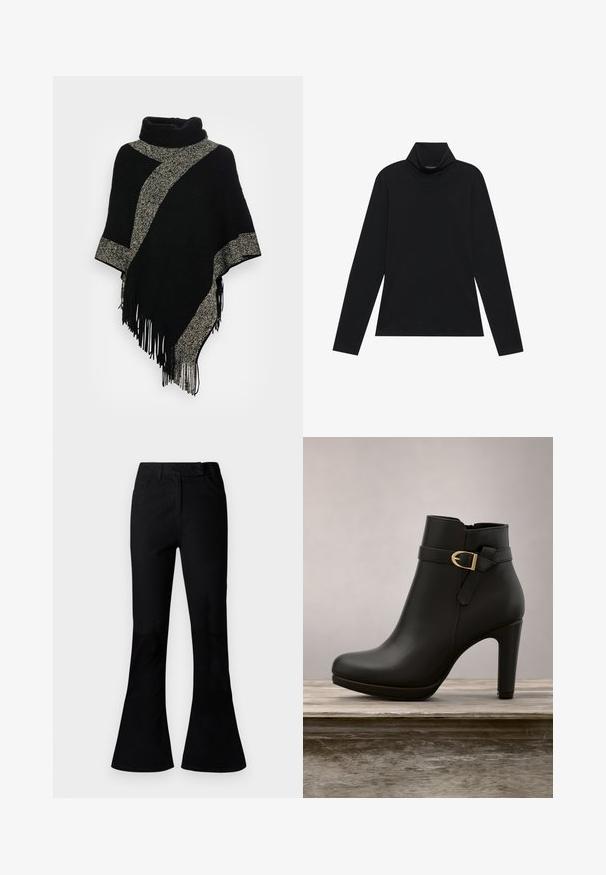 Zwarte poncho met een hoge halslijn, voorzien van een diagonale lichtgrijze geweven streep en franjes aan de randen. Gemaakt van zachte, gestructureerde stof.; Zwarte langetermijn turtleneck. Zachte stof, getailleerd design, hoge kraag en zijnaad. Eenvoudige en veelzijdige stijl die geschikt is voor het laagjes dragen.; Zwarte hoge taille flare broek met vo pockets, riemlussen en een ritssluiting aan de voorkant, weergegeven op een effen achtergrond.; Zwarte leren enkellaars met een ronde neus en gouden hardwareaccenten, met een riem rond de enkels. Geplaatst op een houten oppervlak.