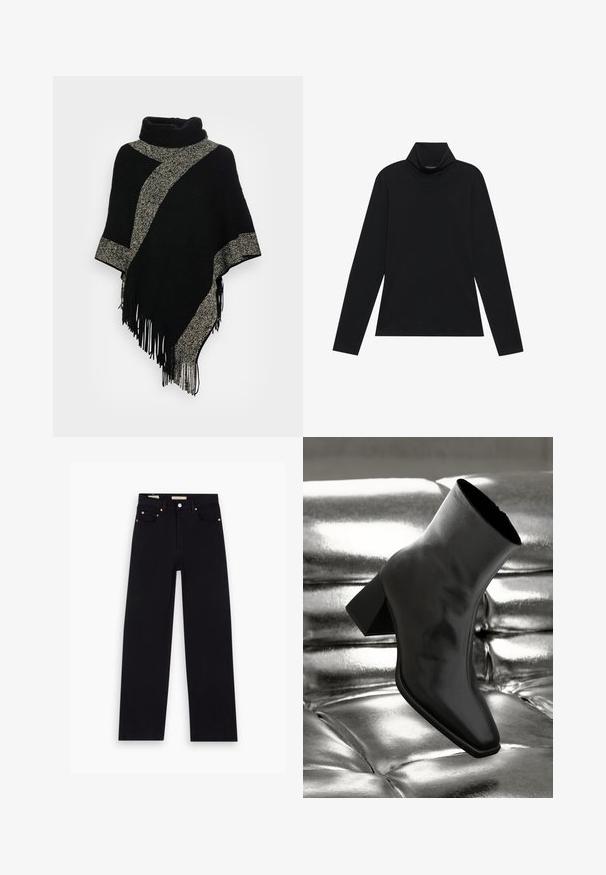 Zwarte poncho met een hoge halslijn, voorzien van een diagonale lichtgrijze geweven streep en franjes aan de randen. Gemaakt van zachte, gestructureerde stof.; Zwarte langetermijn turtleneck. Zachte stof, getailleerd design, hoge kraag en zijnaad. Eenvoudige en veelzijdige stijl die geschikt is voor het laagjes dragen.; Zwarte denim jeans met een recht model, vijf zakken, koperen hardware en een gladde textuur. Twee labels zichtbaar op de tailleband.; Zwarte enkellaarsjes van glanzend materiaal met een vierkante neus en taps toelopende hak, afgezet tegen een glanzende zilveren gecapitonneerde achtergrond.