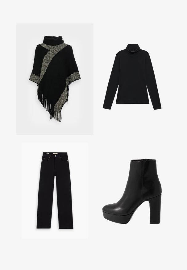 Poncho noir à col haut, avec une rayure tissée diagonale gris clair et des bords frangés. Fabriqué en tissu doux et texturé.; Turtleneck à manches longues noir. Tissu doux, design près du corps, col montant et coutures latérales. Style simple et polyvalent, idéal pour le superposition.; Jean en denim noir avec une coupe droite, cinq poches, matériel en cuivre et texture lisse. Deux étiquettes visibles sur la taille.; Botte de cheville en cuir noir avec un haut talon bloc et une plateforme. Texture lisse, design simple et fermeture éclair à l'arrière.