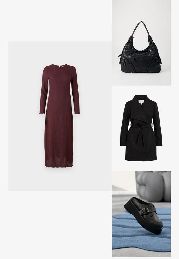 Čierny trench coat s prekrývajúcim dizajnom, veľkým golierom, opaskom v páse a dvoma bočnými vreckami. Vyrobený z textúrneho materiálu pre teplo a štýl.; Bordová dlhá šaty s dlhým rukávom, vyrobené z textúrovanej tkaniny, s okrúhlym výstrihom a rovnou siluetou, siahajúcou po polovicu lýtok.; Čierne kožené platformové mule s veľkou prackou, ležiace na textúrovanom, vlnitom modrom koberci a rozmazanom sivom pozadí.; Čierna kožená kabelka s dvojitými rúčkami, prednými zipsovými vreckami a detailmi z metalických nýtov, umiestnená na jednofarebnom svetlom pozadí.