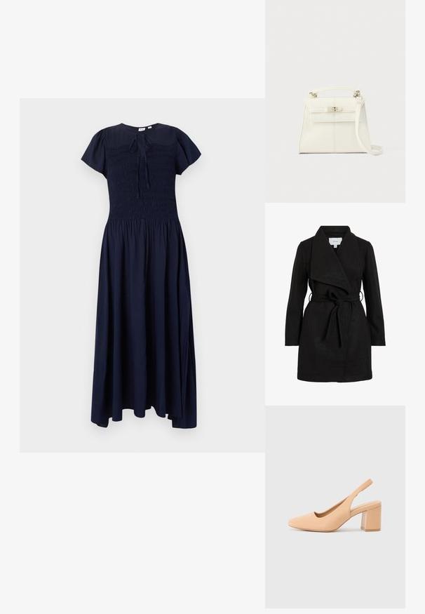 Zwarte trenchcoat met een wikkelontwerp, oversized kraag, ceintuurtje in de taille en twee zijzakken. Gemaakt van textiel met structuur voor warmte en stijl.; Marineblauwe midi-jurk met korte pofmouwen, geplooide taille en strikdetail bij de ronde halslijn.; Beige slingback hak, gemaakt van soepel synthetisch materiaal. Kenmerkt zich door een vierkante neus, open zijkanten en een stevige blokhak. Eenvoudig ontwerp.; Witte leren handtas met een gestructureerde vorm, bovenhandvat, afneembare schouderriem en een zilverkleurige sluiting. Gladde textuur, minimalistisch design.