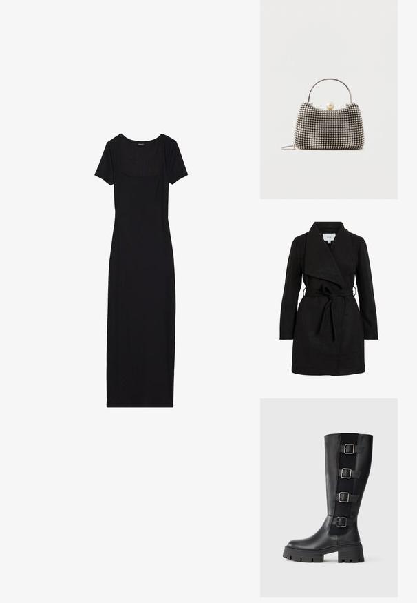 Zwarte trenchcoat met een wikkelontwerp, oversized kraag, ceintuurtje in de taille en twee zijzakken. Gemaakt van textiel met structuur voor warmte en stijl.; Zwart midi-jurk met korte mouwen, vierkante halslijn, geribbelde textuur en aangesloten ontwerp. Eenvoudige en strakke silhouette.; Zwarte leren kniehooglaarzen met drie verstelbare gespbanden aan de zijkant, stevige rubberen zool met ribbels voor extra grip.; Kleine handtas met zilverkleurig rasterpatroon, gebogen handvat, grote parel sluiting en een dunne zilveren kettingriem op een effen achtergrond.