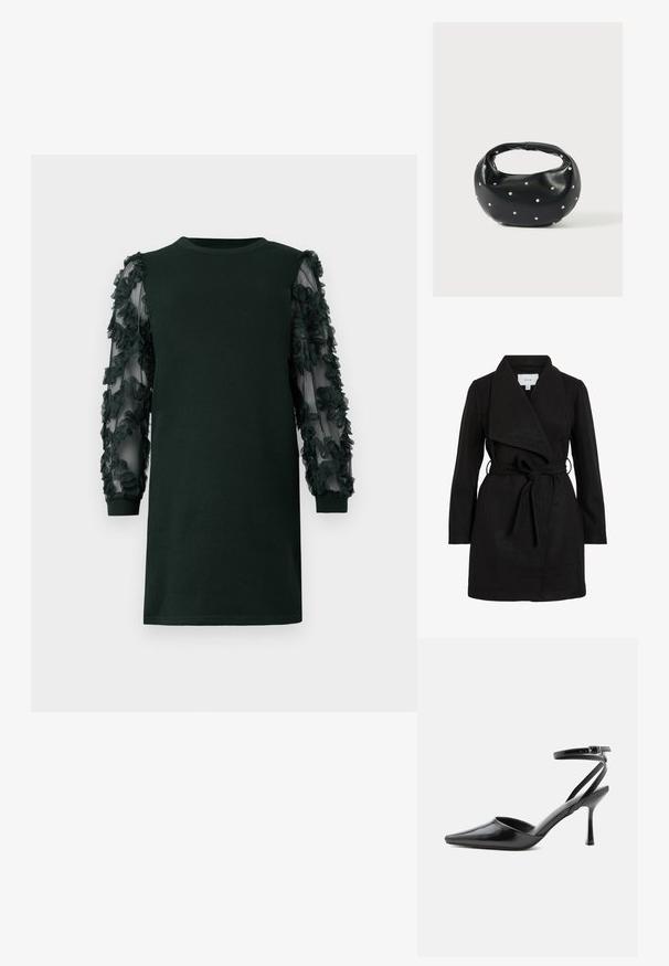 Čierny trench coat s prekrývajúcim dizajnom, veľkým golierom, opaskom v páse a dvoma bočnými vreckami. Vyrobený z textúrneho materiálu pre teplo a štýl.; Tmavozelené šaty s kruhovým výstrihom, s priesvitnými rukávmi zdobenými vrstvenými kvetinovými aplikáciami. Hladká textúra a voľný strih.; Čierny lodička na vysokom opätku so špicatou špičkou, tenkými remienkami okolo členku a striebornou prackou na jednoduchom svetlom pozadí.; Čierna kožená kabelka s zaobleným tvarom, zdobená striebornými cvočkami a krátkym rúčkou. Hladká textúra a zapínanie na zips.