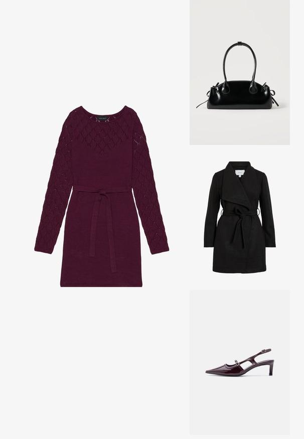 Zwarte trenchcoat met een wikkelontwerp, oversized kraag, ceintuurtje in de taille en twee zijzakken. Gemaakt van textiel met structuur voor warmte en stijl.; Bordeaux gebreide jurk met lange mouwen in ruitpatroon, een ronde halslijn en een bijpassende riem in de taille.; Bordeaux lakleren slingback schoen met spitse neus, lage hak en dubbele verstelbare gespsluitingen.; Kleine zwarte glanzende handtas met twee lange hengsels en zijkant trekkoord details op een effen lichte achtergrond.