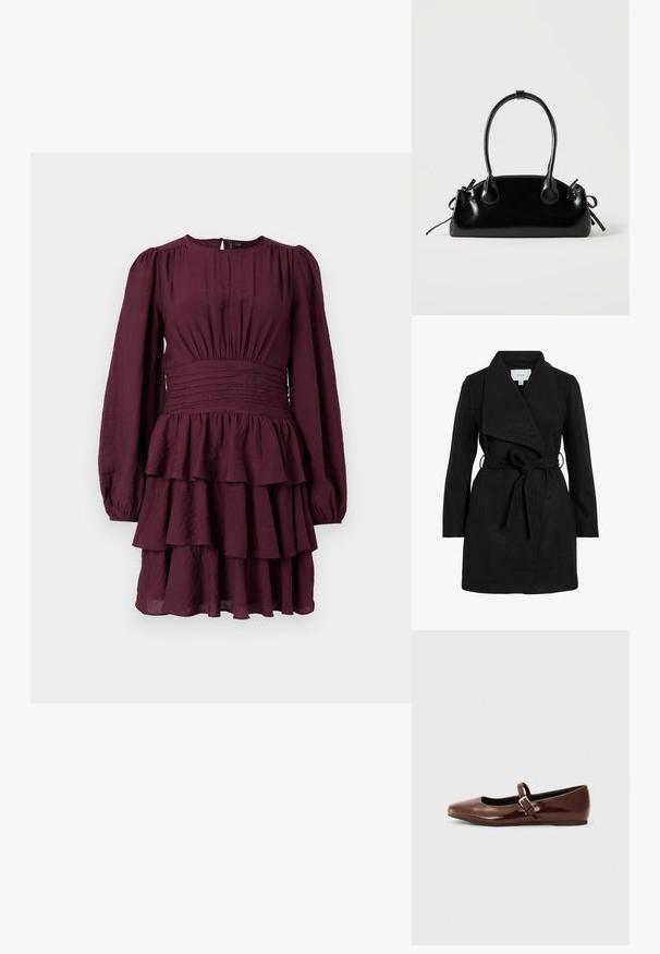 Čierny trench coat s prekrývajúcim dizajnom, veľkým golierom, opaskom v páse a dvoma bočnými vreckami. Vyrobený z textúrneho materiálu pre teplo a štýl.; Bordó vrstvené šaty s dlhými puff rukávmi, gumičkovým pásom a textúrovanou látkou. Obsahujú volány na leme.; Hnedé lakované baletky s hranatou špičkou a pásikom s malou zlatou prackou. Hladká textúra, nízky podpätok a minimalistický dizajn.; Malá čierna lesklá kabelka s dvoma dlhými rúčkami a bočnými šnúrkovými detailmi na jednoduchom svetlom pozadí.